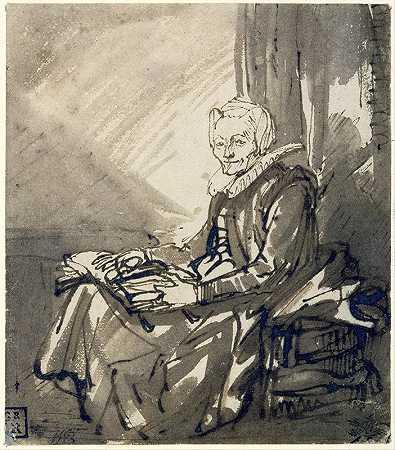 坐着的女人腿上放着一本打开的书`Seated Woman with an Open Book on her Lap (circa 1639) by Rembrandt van Rijn