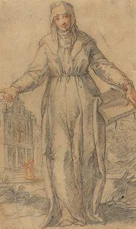 女圣徒（阿西西的圣克莱尔或锡耶纳的圣凯瑟琳）`Female Saint (Saint Clare of Assisi or Saint Catherine of Siena) (c. 1600) by Italian 17th Century