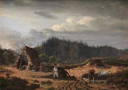 一片泥炭地。Høsterkøb，新西兰北部`A Bog with Peat Cutters. Høsterkøb, North Zealand (1828) by Fritz Petzholdt