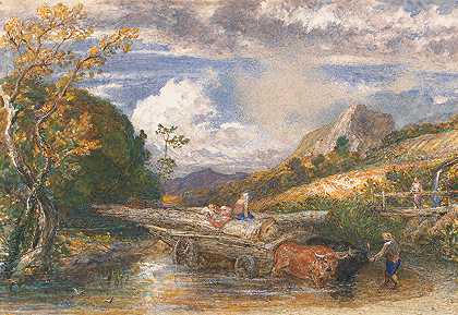 横渡溪流的木货车`Timber Wagon Crossing a Stream by Samuel Palmer