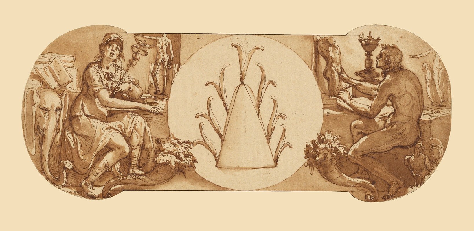 祖卡罗徽章两侧的研究和智慧寓言`Allegories of Study and Intelligence Flanking the Zuccaro Emblem (1595) by Federico Zuccaro