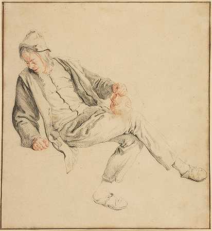 一个坐着的农民拿着一个水罐，朝右边看`A Seated Peasant Looking Down to the Right, Holding a Pitcher (1680s) by Cornelis Dusart