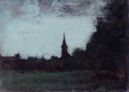 景观阿尔萨斯，伯恩威勒钟楼`Paysage dAlsace, le clocher de Bernwiller (1890~1905) by Jean-Jacques Henner