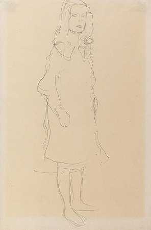 Mäda Primavesi穿着外套站着`Mäda Primavesi, with coat, standing (1912~1913) by Gustav Klimt