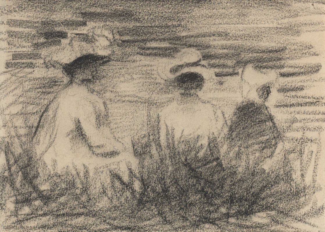 三个人坐在草地上，从后面看`Three Figures Seated in a Meadow, Seen from the Back (late 19th century) by French School