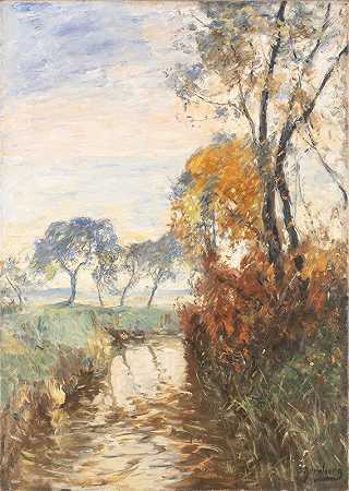 秋天的溪流景观`Autumn landscape with stream by Olof August Andreas Jernberg