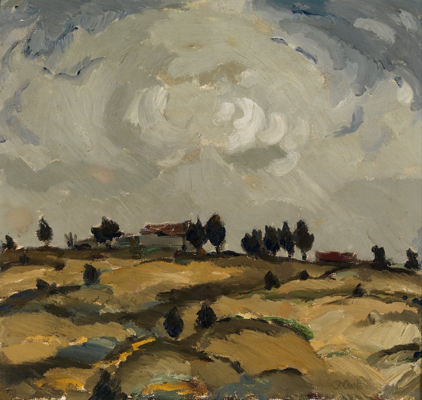 秋天的云彩`Autumn landscape with clouds (1917) by Ilmari Aalto
