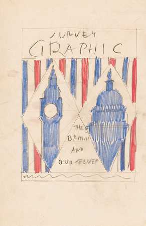 测量平面杂志封面平面设计;英国人和我们][与英国议会和美国国会大厦合作]`Graphic design for cover of Survey Graphic Magazine; The British and Ourselves.] [Drawing with British Parliament and US Capitol Building (1945) by Winold Reiss