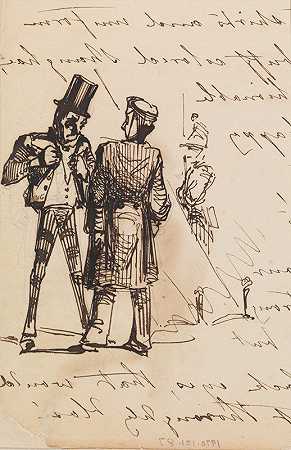 三个人（手写日记右下角的草图（来自Sketchbook）`Three Men (Sketch in Lower Right Hand Corner of Handwritten Journal (from Sketchbook) (1854) by James Abbott McNeill Whistler