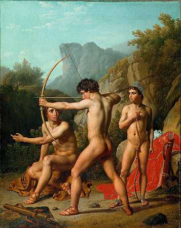 三个斯巴达男孩在练习射箭`Three Spartan Boys Practising Archery (1812) by Christoffer Wilhelm Eckersberg