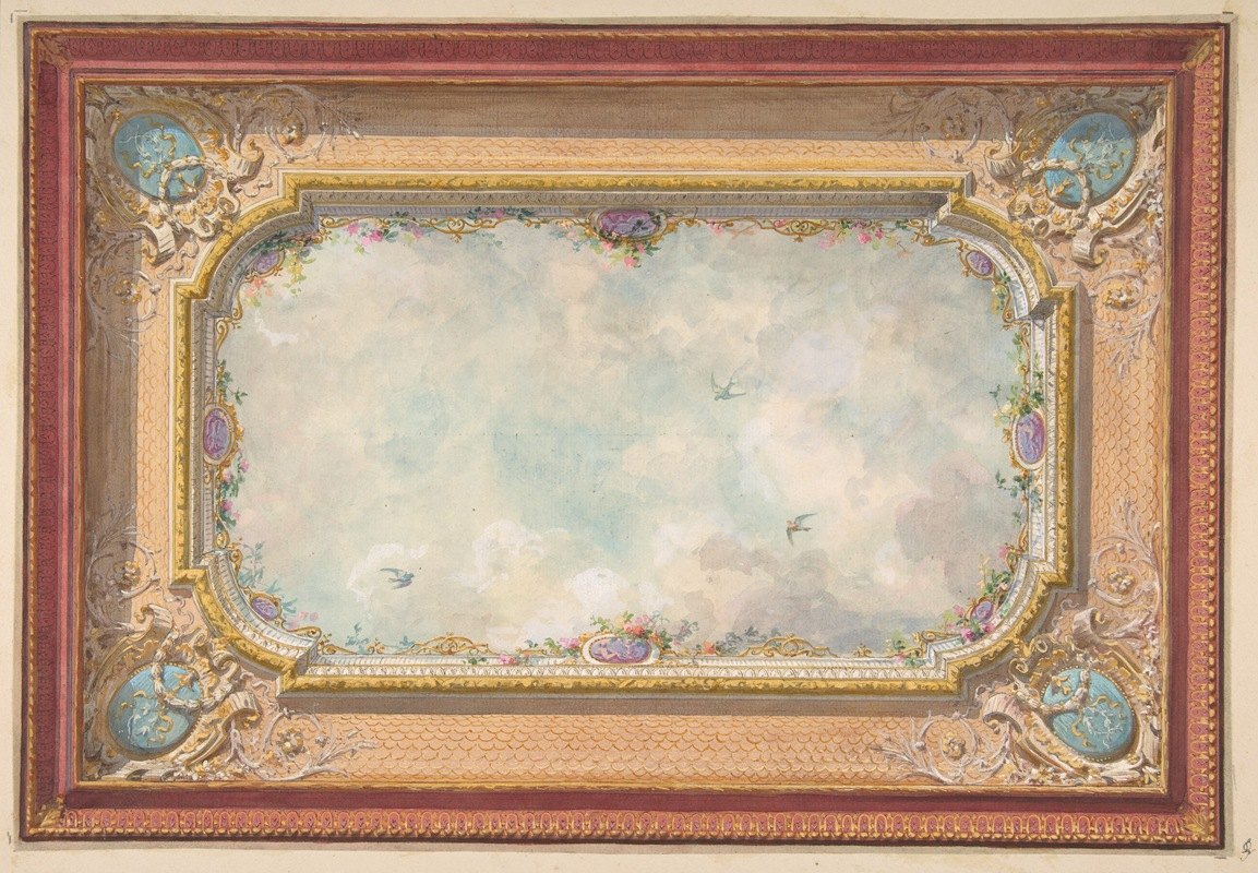 天花板设计采用trompe l乌伊尔天空`Design for a ceiling with trompe loeil sky (19th Century) by Jules-Edmond-Charles Lachaise