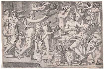 维纳斯和火星`Venus and Mars Served by Cupid and the Three Graces (c. 1547) by Cupid and the Three Graces by Léon Davent