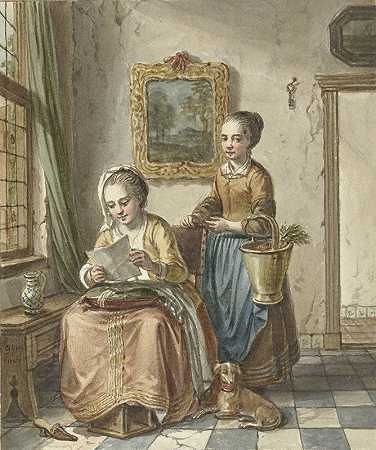 坐着的女人和女佣在读一封信`Zittende vrouw met dienstmeid, een brief lezend (1748 ~ 1798) by Willem Joseph Laquy