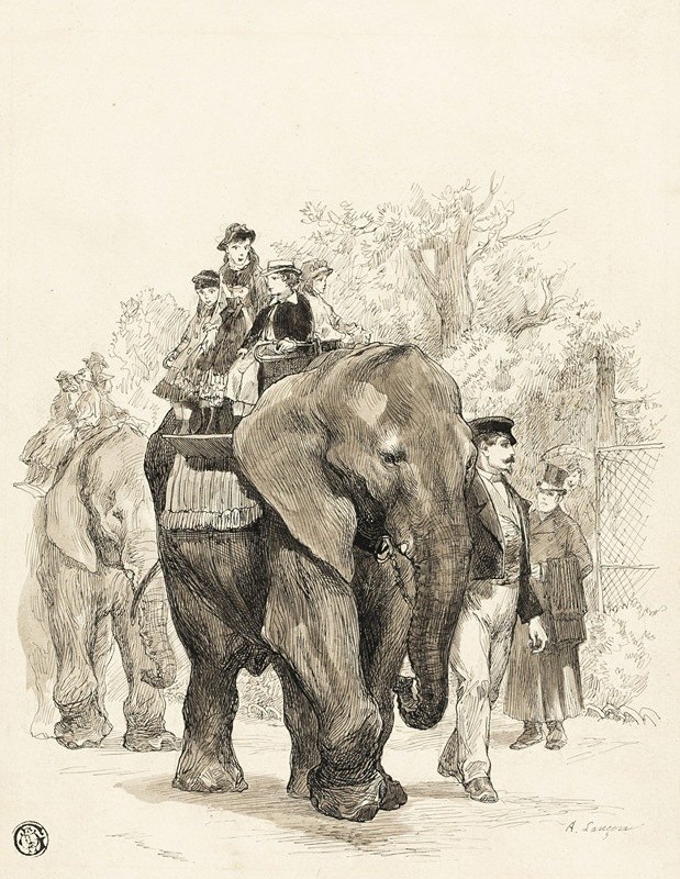 巴黎植物园里的大象和骑手`Elephant with Riders in Jardin des Plantes, Paris by Auguste Andre Lançon