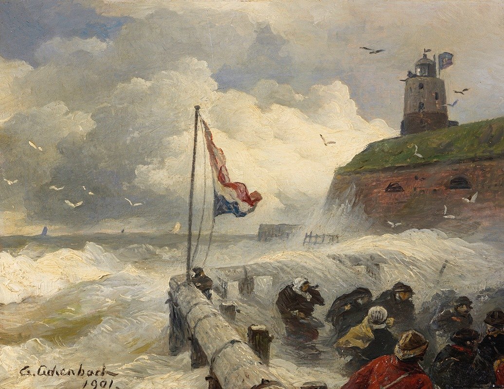 码头上的风暴浪`Stürmische Brandung an der Mole (1901) by Andreas Achenbach