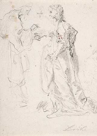 一个男人牵着一个女人的手，另一个女人看着`A Man Holding the Hand of a Woman, Another Woman Looking On (late 17th–early 18th century) by Johann Christoph Liska