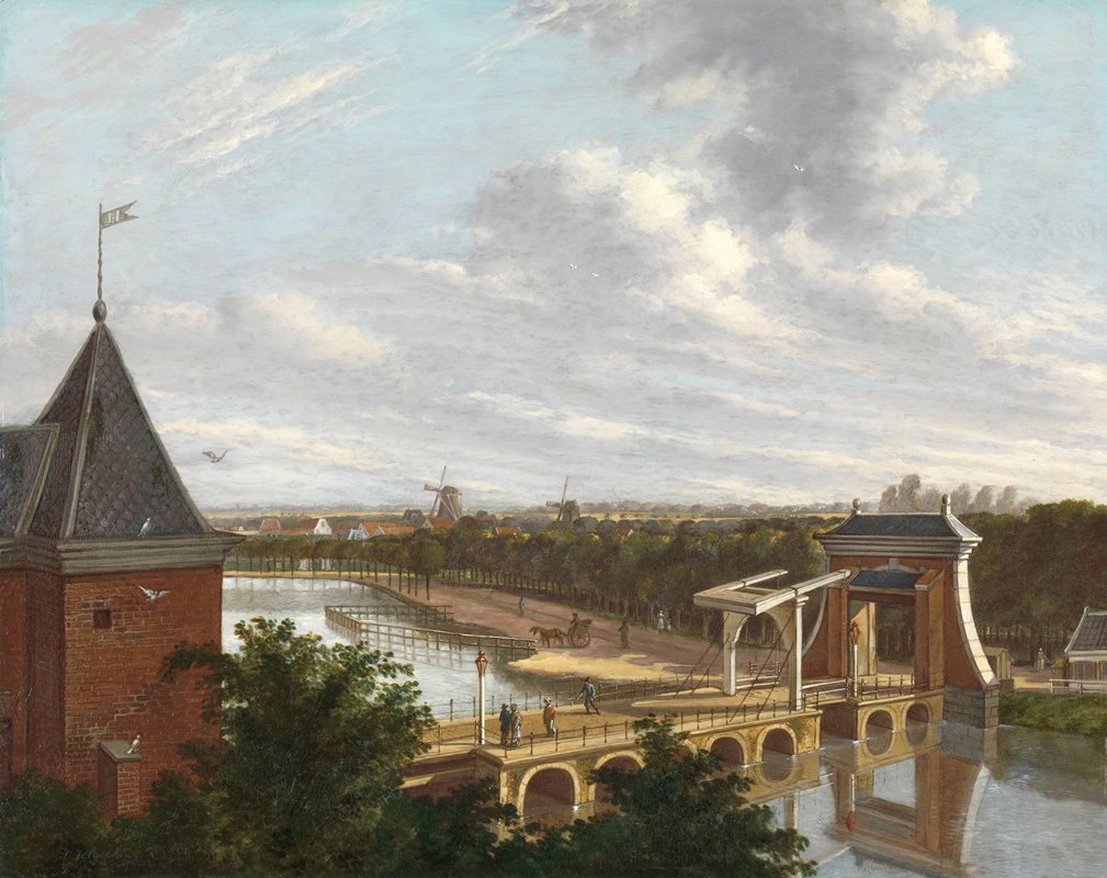 从剧院看阿姆斯特丹外运河靠近莱德斯波特`The Amsterdam Outer Canal near the Leidsepoort Seen from the Theatre (1813) by Johannes Jelgerhuis