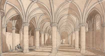 男爵们圣米歇尔山霍尔`The Barons Hall, Mont Saint Michel (1820) by John Sell Cotman
