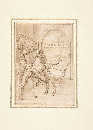 寓言雄性裸体和四匹野马在马厩里`An Allegory; Male Nude in a Stable with Four Wild Horses (ca. 1512–after 1593) by Prospero Fontana