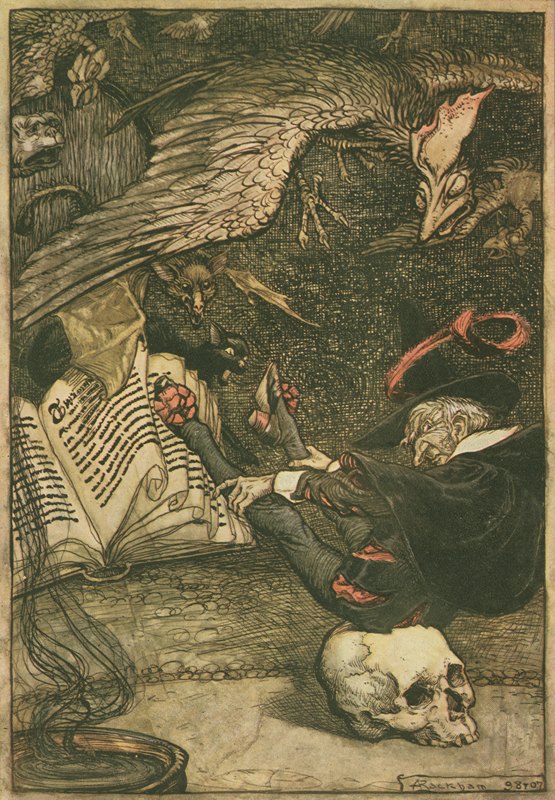 小个子男人坐在大头骨上圆圈的中央`The little man had seated himself in the centre of the circle upon the large skull (1911) by Arthur Rackham