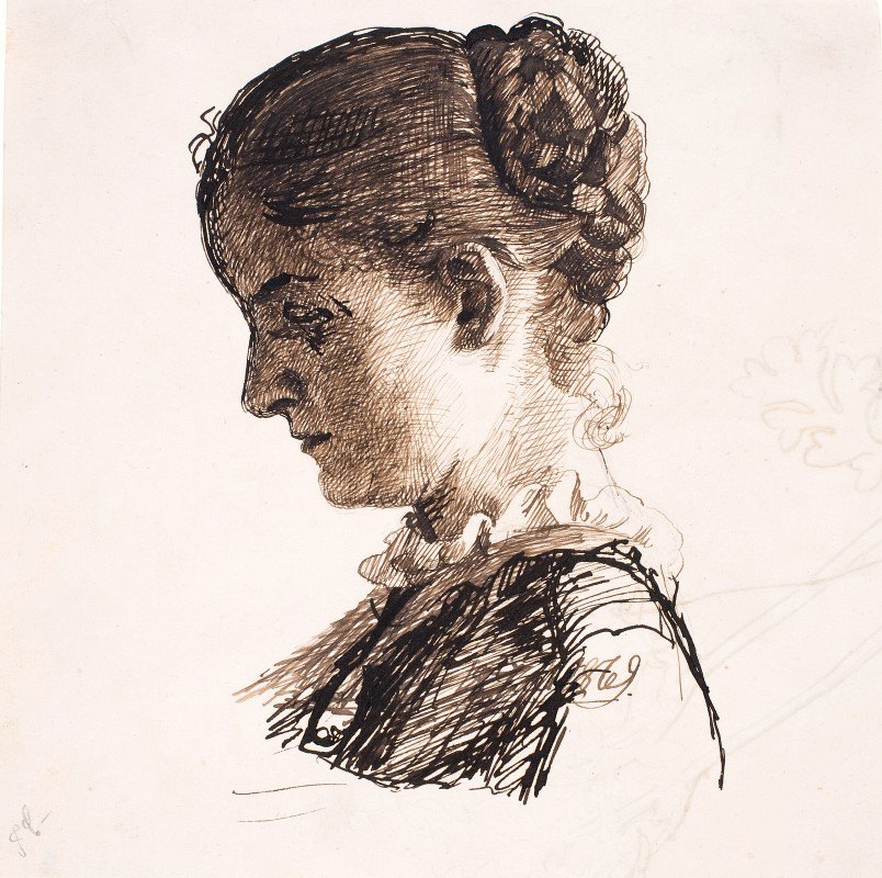 这位艺术家的妹妹伊丽莎白。左轮廓`Kunstnerens søster Elisabeth. Profil t.v. Fletningefrisure (1869) by Kristian Zahrtmann