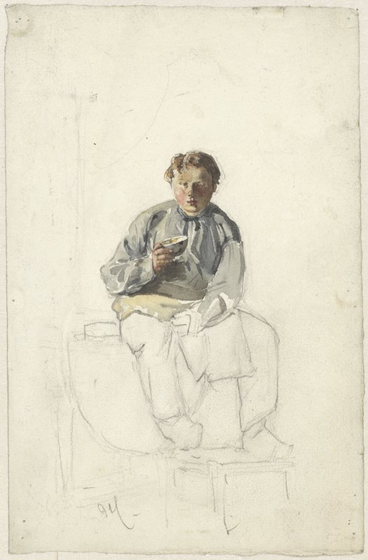 拿着杯子坐着的男孩`Zittende jongen met een kopje (1860 ~ 1921) by Adolf le Comte