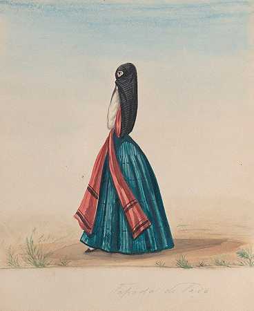 一个穿着萨娅和曼托的女人站在侧面`A woman wearing the saya and manto standing in profile (ca. 1848) by Francisco Fierro