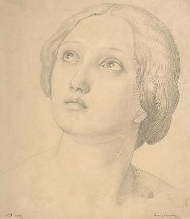 一个女人抬起头来`Head of a Woman Looking Up (1800–1862) by Wilhelm von Schadow