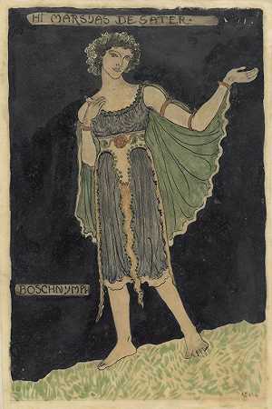 Boschnymph服装设计`Ontwerp voor kostuum voor Boschnymph (1910) by Richard Nicolaüs Roland Holst