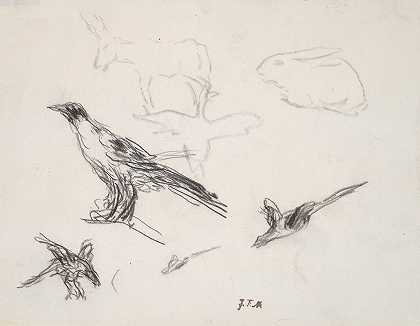 乌鸦、驴子、兔子和鹅`Ravens, Donkey, Rabbit, and Goose (1871) by Jean-François Millet
