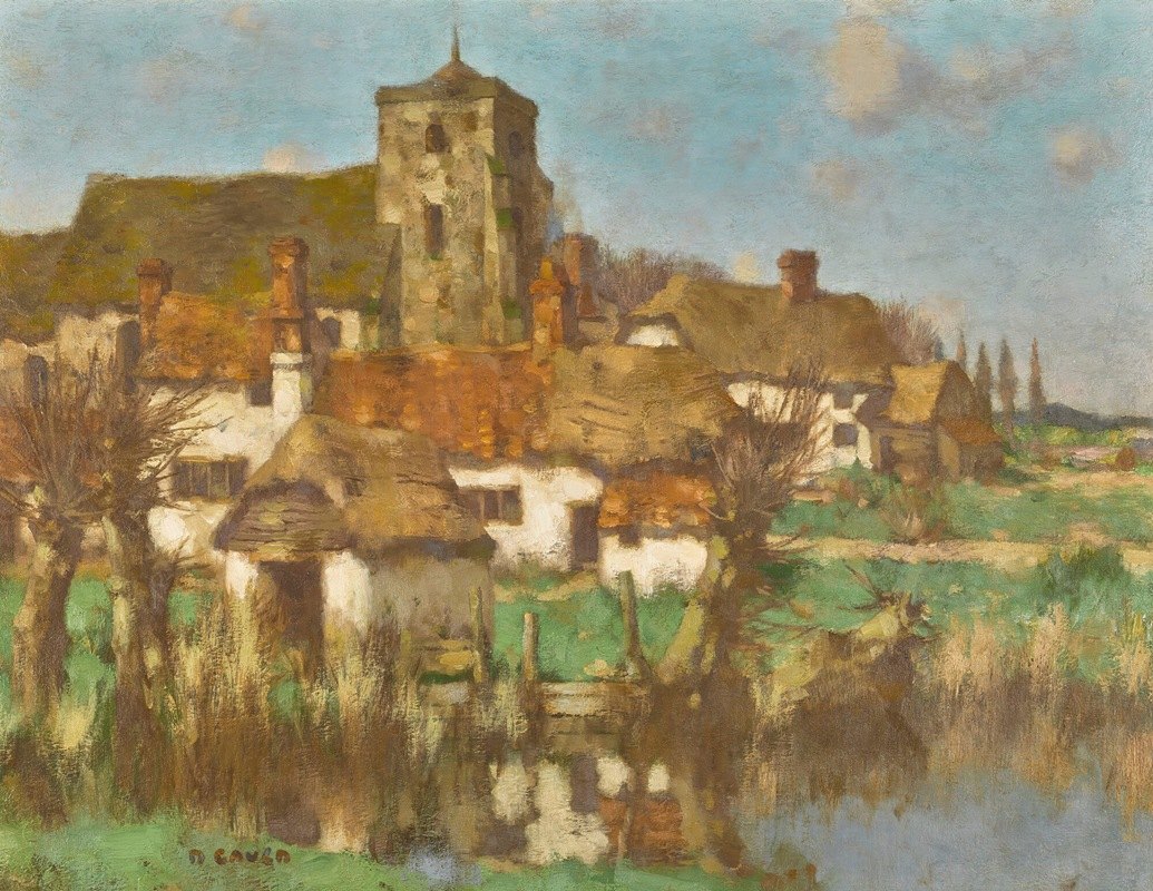 教堂和农舍`Church and farm cottages by a river by a river by David Gauld
