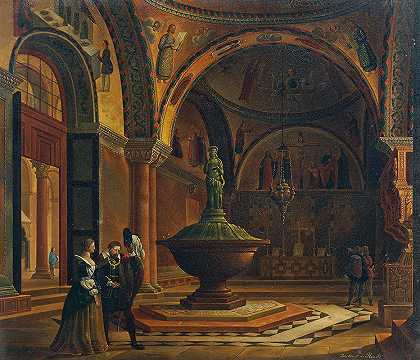 威尼斯圣马可洗礼堂的屋内`Das Innere des Baptisteriums von San Marco in Venedig (1837) by Giovanni Battista de Pian