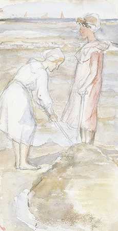 海滩上有两个穿粉色和白色衣服的女孩`Twee meisjes in roze en wit op het strand (1834 ~ 1911) by Jozef Israëls