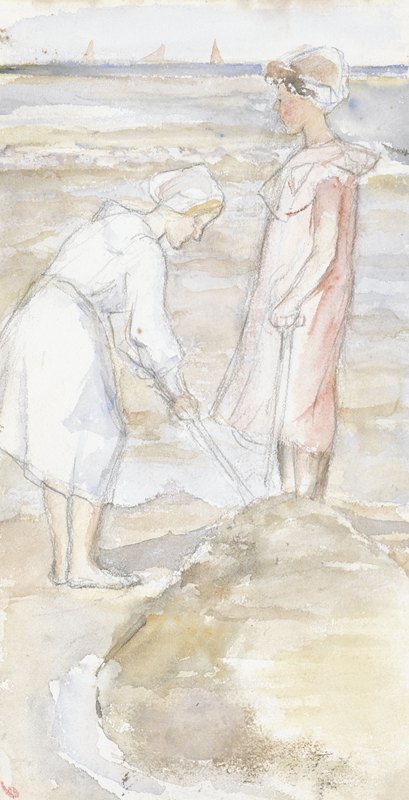 海滩上有两个穿粉色和白色衣服的女孩`Twee meisjes in roze en wit op het strand (1834 ~ 1911) by Jozef Israëls