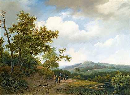 山丘景观中沙地上的人物`Figures On A Sandy Track In A Hilly Landscape (1858) by Marinus Adrianus Koekkoek
