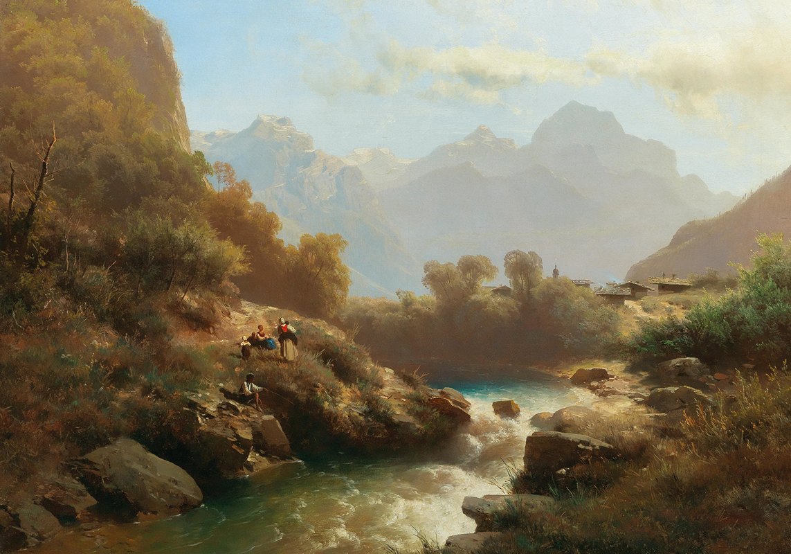 洛弗和洛弗山的景色`A view of Lofer and the Lofer Mountains by Leopold Heinrich Vöscher
