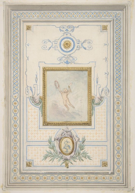 带有花押字的天花板彩绘装饰设计像`Design for the painted decoration of a ceiling with the monogram; AS (1830–97) by Jules-Edmond-Charles Lachaise