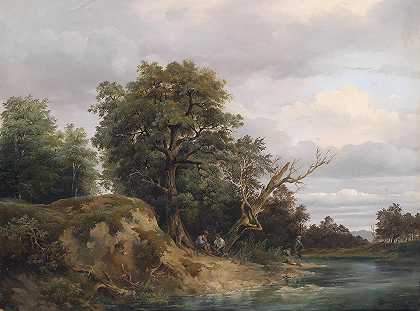河钓者`Angler am Fluss (1855) by Josef Feid