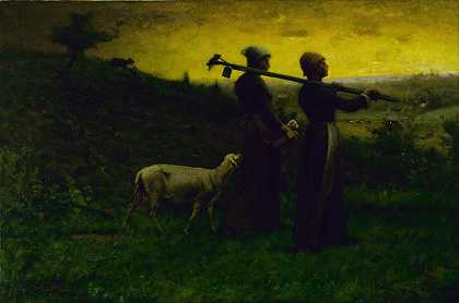 把新生的羔羊带回家`Bringing Home the New Born Lamb (1890) by Elliott Daingerfield