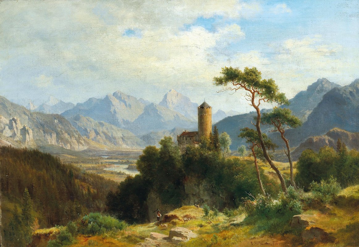 奥伯林塔尔的克拉姆城堡与苏尔斯泰因河景观`View of Castle Klamm in the Oberinntal with a view of the Sulstein by Ludwig Halauska