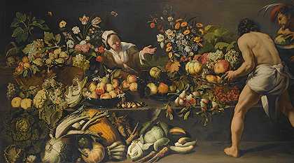 室内有水果、蔬菜和鲜花，摆放在一张桌子和地板上，有一个女人和两个男人`An Interior With Fruits, Vegetables And Flowers Arranged Over A Table And The Floor, With A Woman And Two Men (17th Century) by Italo-Flemish School