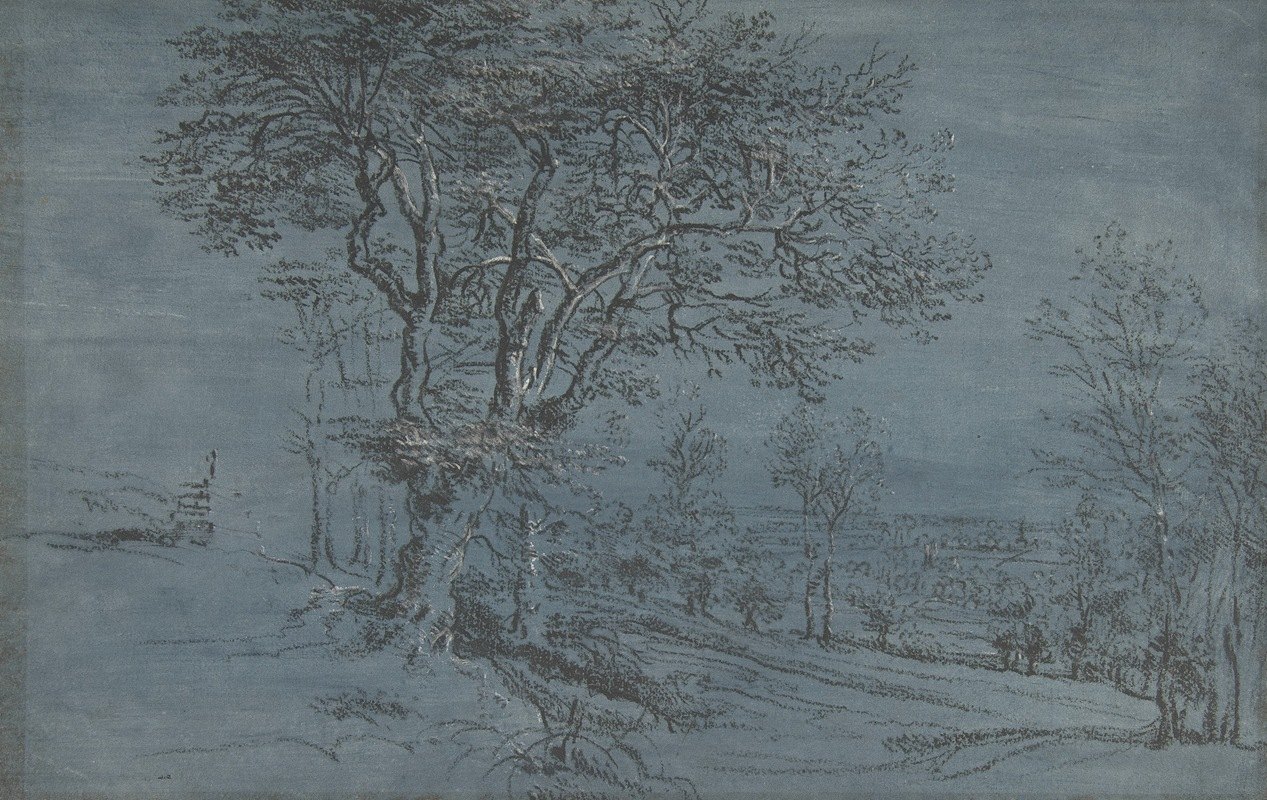 有房子的森林景观`Wooded Landscape with a House by a River (17th century) by a River by Lucas van Uden