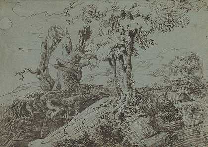 一个女人坐在崎岖的月光下`Rugged Moonlit Landscape with a Woman Seated by Gnarled Tree Roots, and an Owl (1833) by Gnarled Tree Roots, and an Owl by Ludwig Emil Grimm