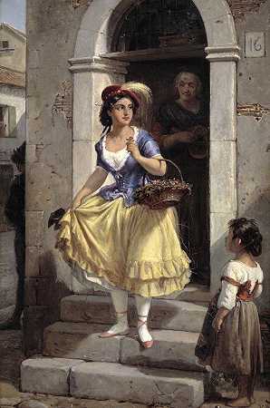 一个意大利女人在去狂欢节的路上`An Italian Woman in the Way to the Carnival (1835 – 1873) by Wilhelm Marstrand