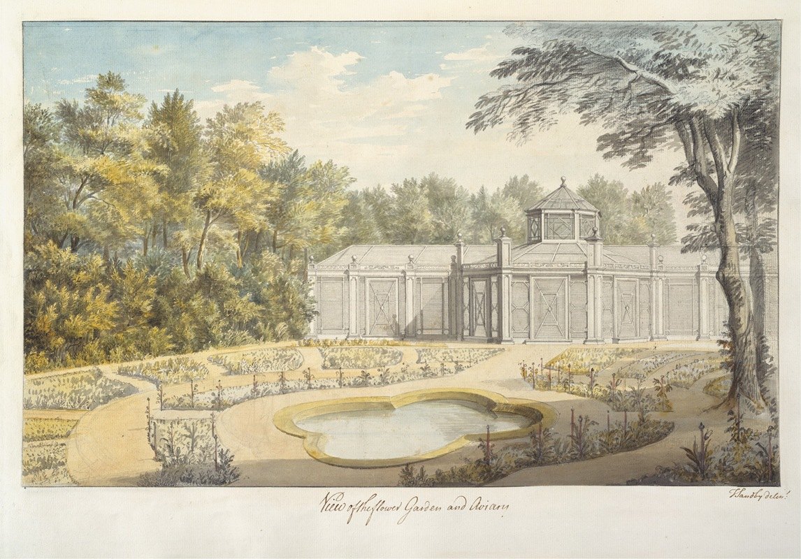 基尤花园和鸟舍景观`View of the Flower Garden and Aviary at Kew (1763) by Thomas Sandby