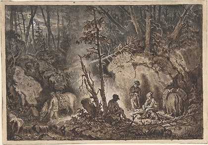 夜间在森林中休息的猎人`Hunters resting in a forest at night (1830–60) by Kilian Christoffer Zoll