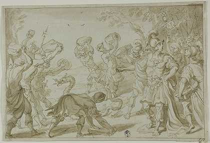 用石头砸死蛇的罗马士兵`Roman Soldiers Stoning a Serpent by Abraham Bloemaert