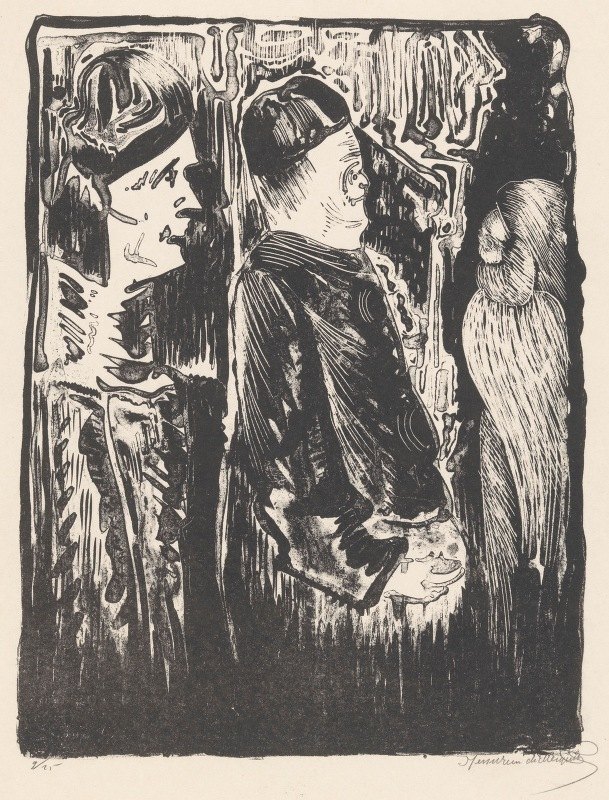 幻想左边是两个戴着帽子的人，右边是一个被羽毛划伤的人`Fantasie; links twee figuren met mutsjes naar rechts, rechts een ingekraste verschijning met verenkleed by Samuel Jessurun de Mesquita