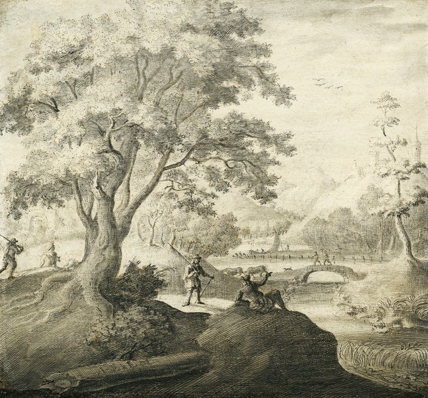 河流景观，人物在小路上休息`River Landscape With Figures Resting Along A Path by Adriaen Cornelisz. van der Salm