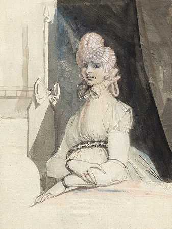 富塞利夫人，坐在壁龛前面的一张有窗帘的桌子旁`Mrs. Fuseli, an einem Tisch vor Nische mit Vorhang (1799) by Henry Fuseli